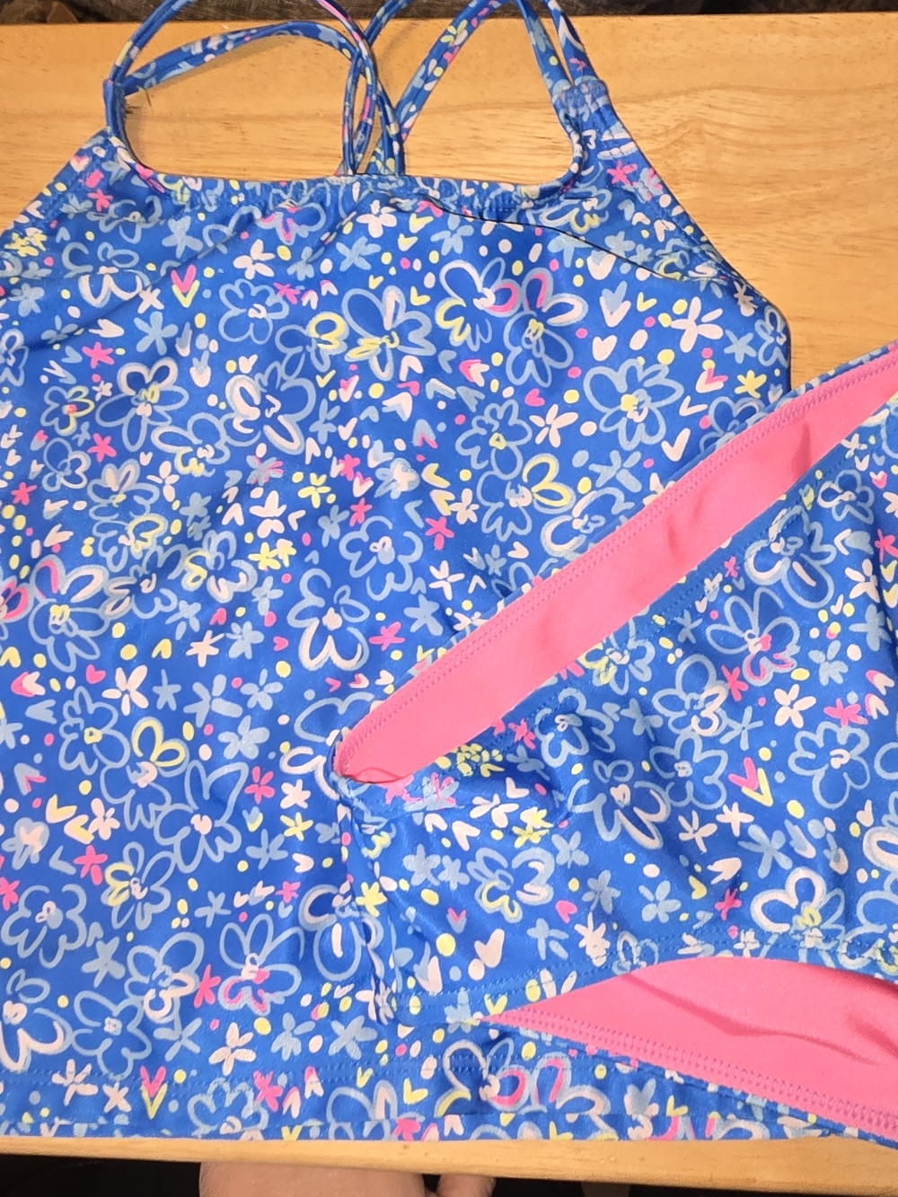 Wave Zone 2 Piece Swimsuit Size L 10/12 Blue Floral Tankini Strappy Back